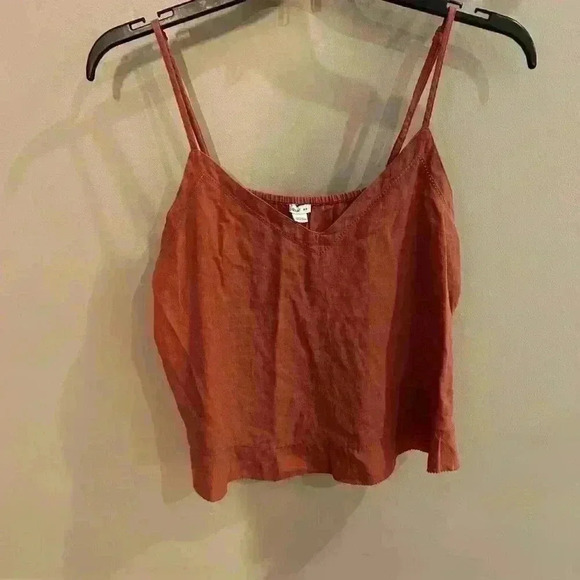 Aerie Linen Spaghetti Strap Flowy Cropped Tank Blouse Size Medium V-Neck Ruffle - Picture 7 of 8